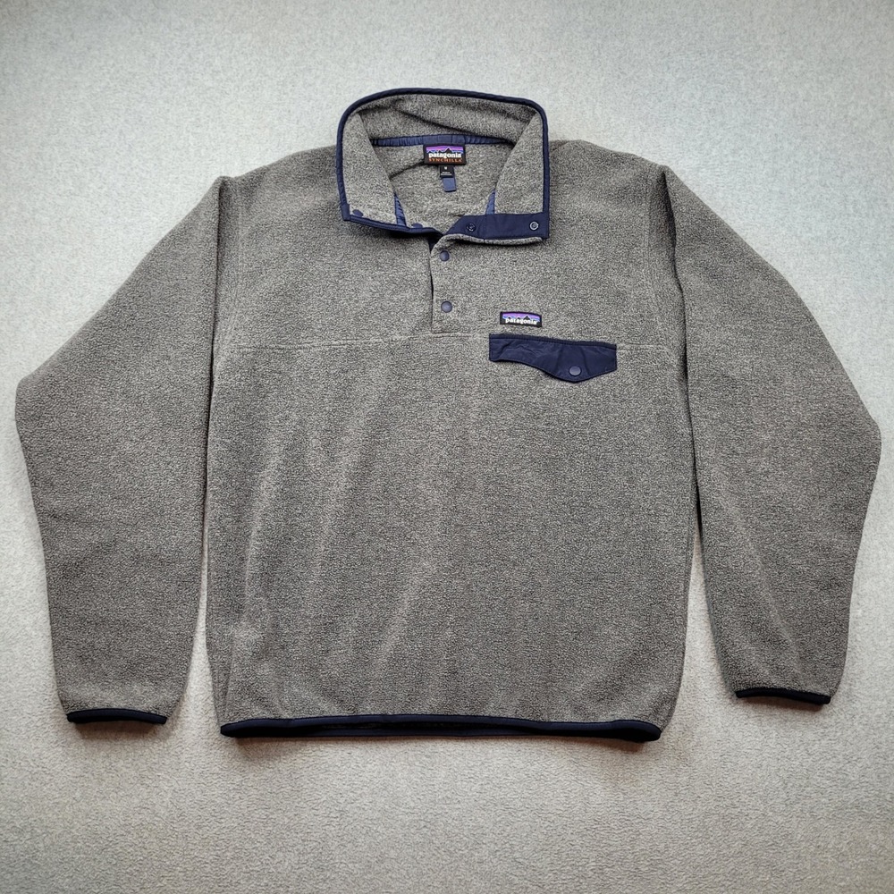 Patagonia Synchilla Fleece Pullover Mens Medium Gray Navy Blue Snap-T 25580